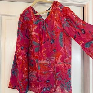 Banjanan Vibrant Fuchsia, Pink and Red and Teal Floral Blouse